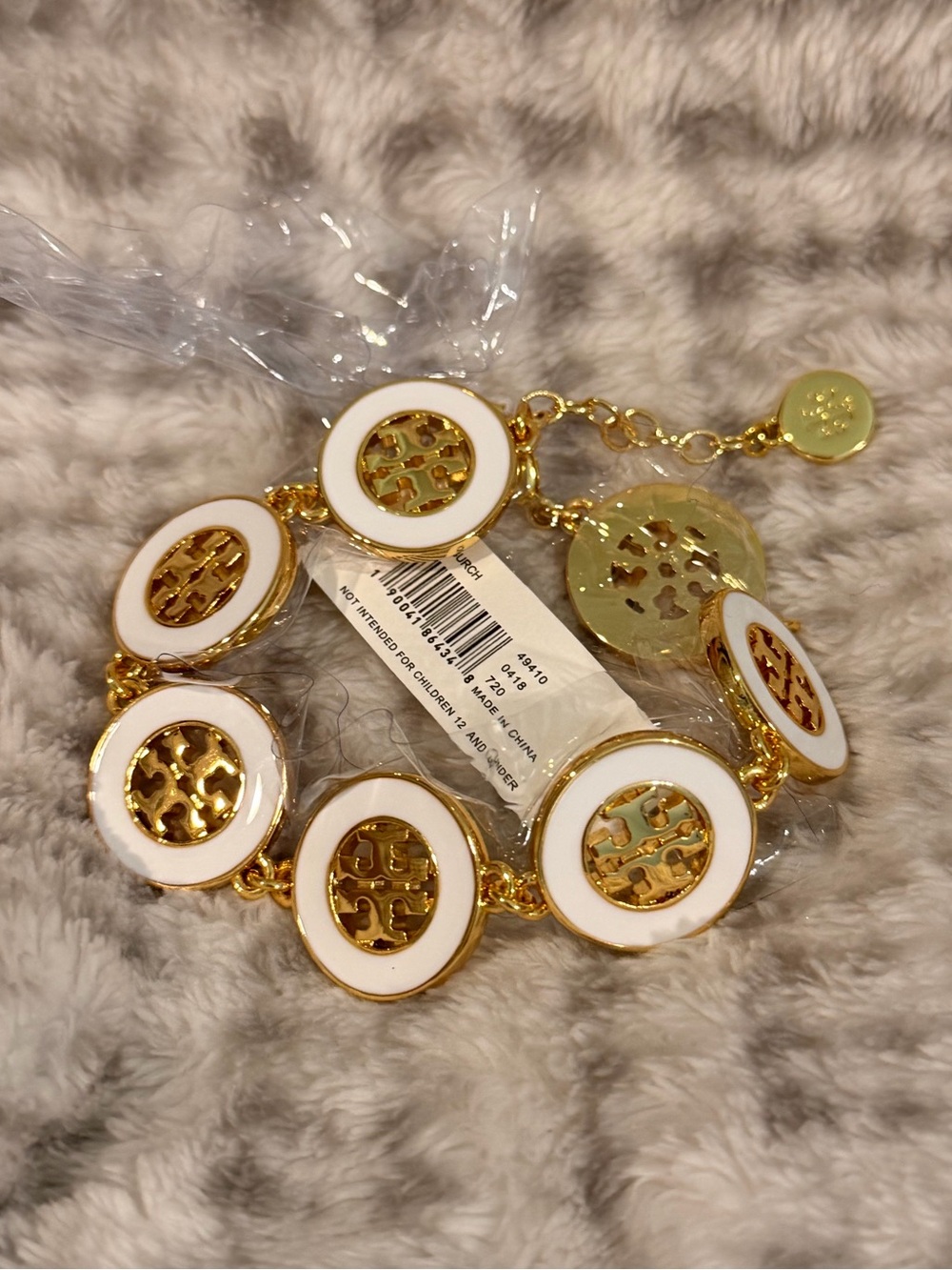 Tory Burch Gold and White Logo-Link Bracelet